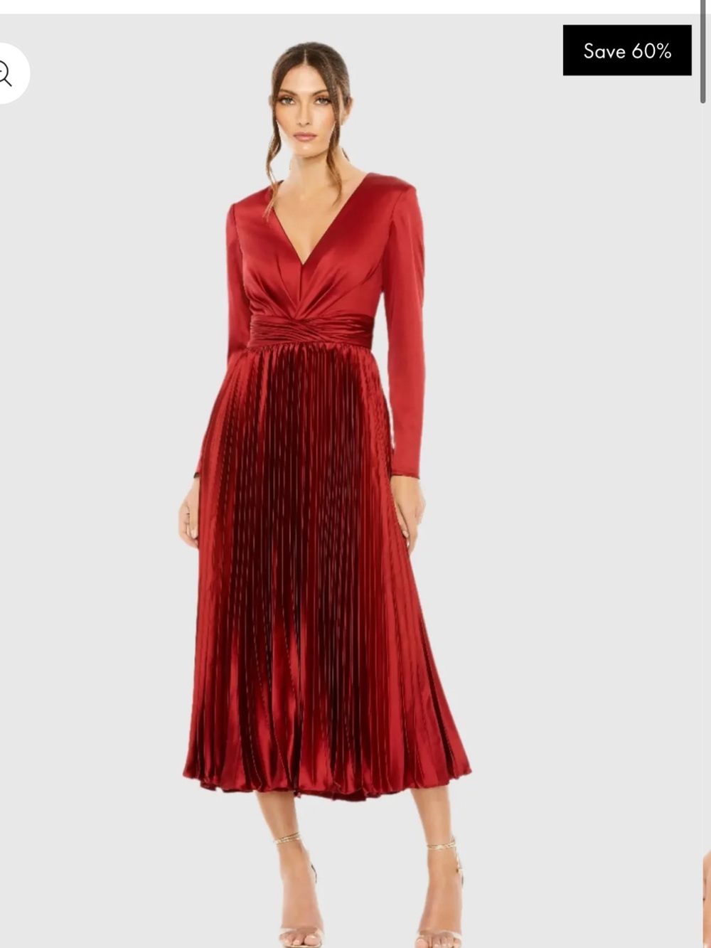 Mac Duggal Red Satin V-Neck Pleated Long Sleeve Midi Dress